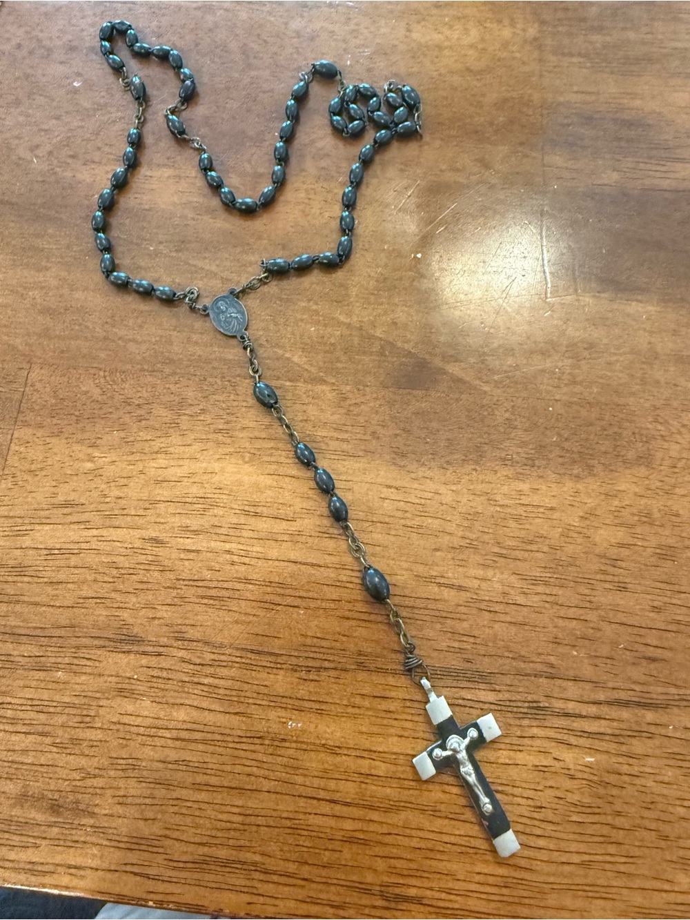 Vintage Signed PENNIN French Rosary Crucifix Ebony Wooden beads Silvertone 20s